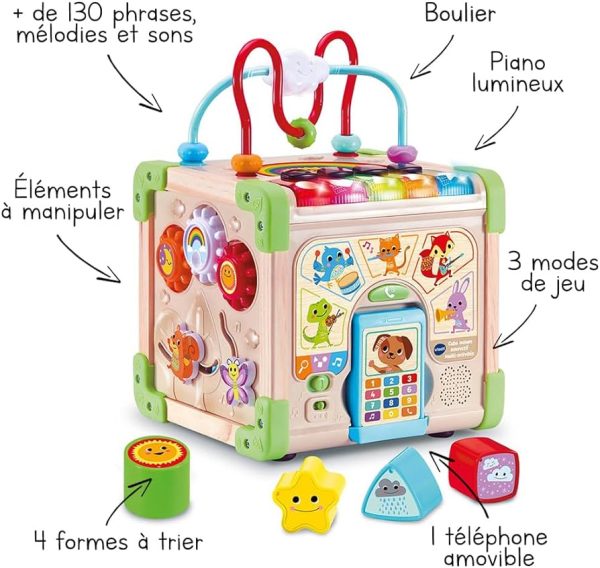 VTech - Cube Nature Interactif Multi Activité, Cube d’Activités Bébé, Jouet d'Éveil Sensoriel Partiellement en Bois, Trieur de Formes, Piano Lumineux, Cadeau Bébé Dès 9 Mois - Contenu en Français – Image 2