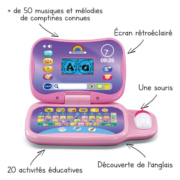 ⁦VTech - Ordi Genius Pro Rose, Ordinateur Portable Enfant avec Écran Rétroéclairé, Souris, 20 Jeux Évolutifs, Jouet Éducatif, Cadeau Enfant de 3 Ans à 7 Ans - Contenu en Français⁩ - الصورة ⁦2⁩