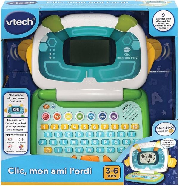 VTech - Clic, Mon Ami l'Ordi Bleu et Vert, Ordinateur Portable Enfant avec Écran Rétroéclairé et Animé, 9 Jeux Éducatifs, Jouet Interactif, Cadeau Enfant de 3 Ans à 6 Ans - Contenu en Français