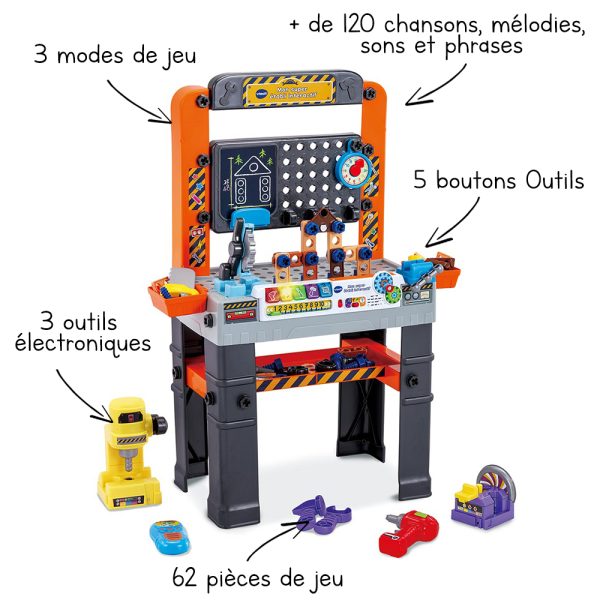 VTech - Mon Super Établi Interactif, Bricolage Enfant, Jeux Éducatifs, Jeu de Construction Autonome, 96 Pièces et Accessoires de Jeu, Cadeau Garçon et Fille de 3 Ans à 7 Ans - Contenu en Français